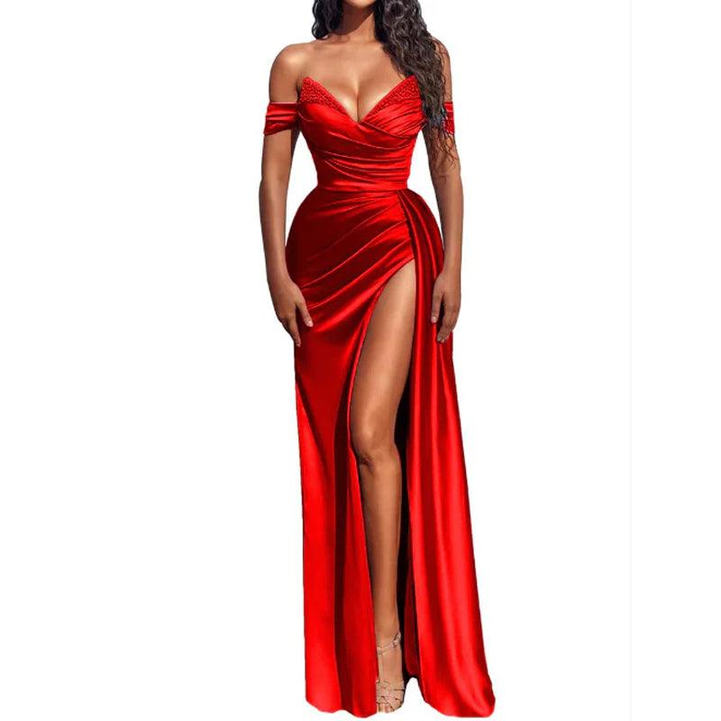 Sexy V-neck Pleats Long Prom Dress with Slit