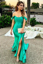 Mermaid Off the Shoulder Green Long Prom Dress with Split Front