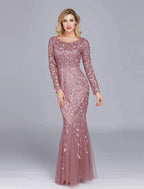 Mermaid / Trumpet Empire Elegant Party Wear Formal Evening Valentine's Day Dress Jewel Neck Long Sleeve Floor Length Tulle with Embroidery
