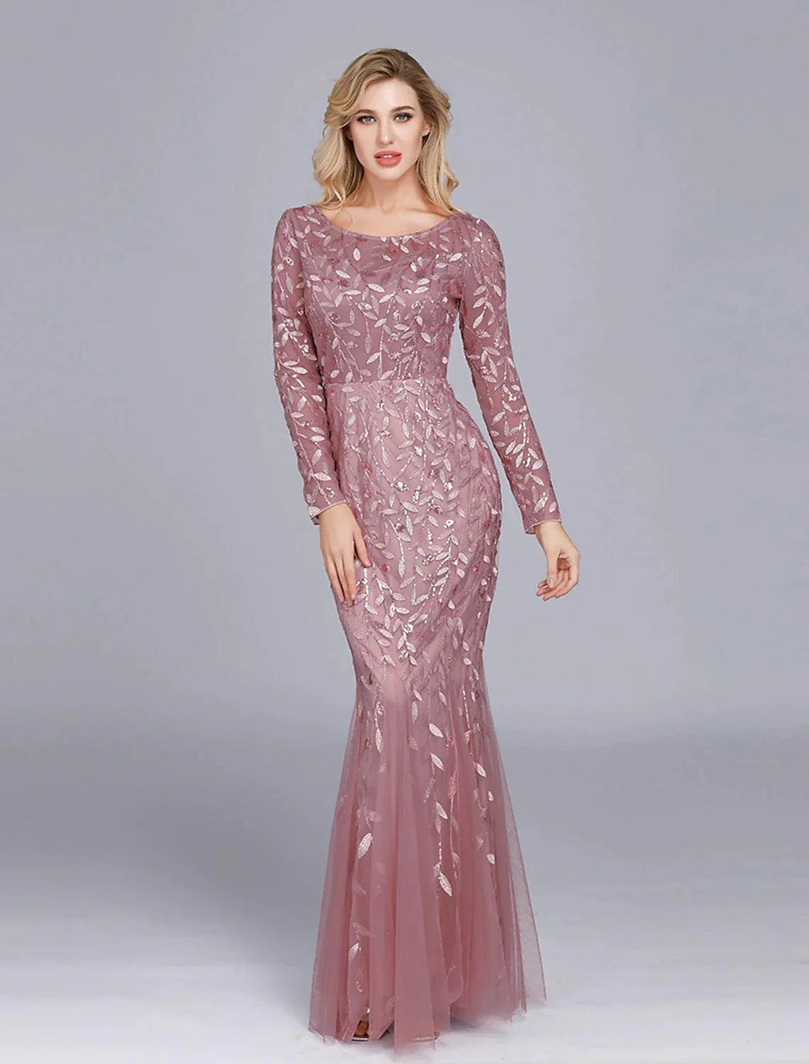 Mermaid / Trumpet Empire Elegant Party Wear Formal Evening Valentine's Day Dress Jewel Neck Long Sleeve Floor Length Tulle with Embroidery