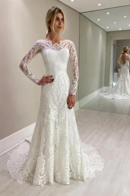 Amazing Column Lace Long Sleeve Wedding Dresses With Appliques