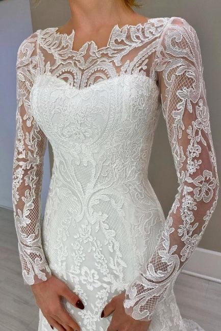 Amazing Column Lace Long Sleeve Wedding Dresses With Appliques