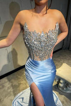 Amazing Column Satin Lace Sleeveless Prom Dress With Split