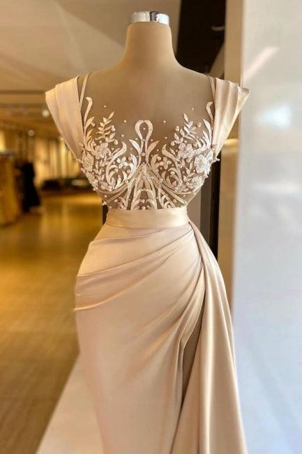 Amazing Column Satin Sleeveless Prom Dress with Lace and Pearls