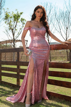 Amazing Dusty Pink Off-the-shoulder Mermaid Evening Dress With Slit Sequins