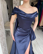 Amazing Long Navy Off-the-shoulder Mermaid Prom Dress With Slit