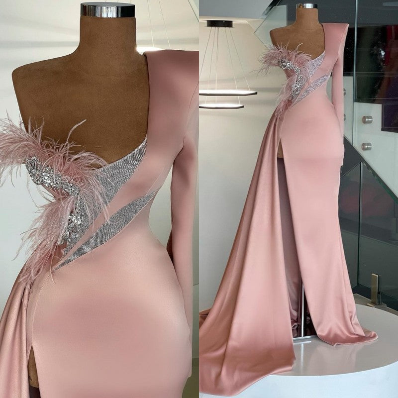 Amazing Long Sleeve One Shoulder Mermaid Prom Dress Long Split