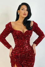 Amazing Sequins Mermaid Ball Dresses Split Prom Dresses Long Sleeves