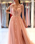 Amazing Straps Tulle Evening Dress Long With Split Sweetheart