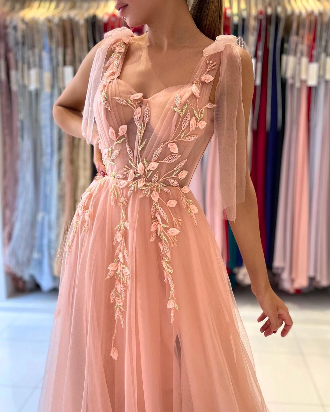 Amazing Straps Tulle Evening Dress Long With Split Sweetheart