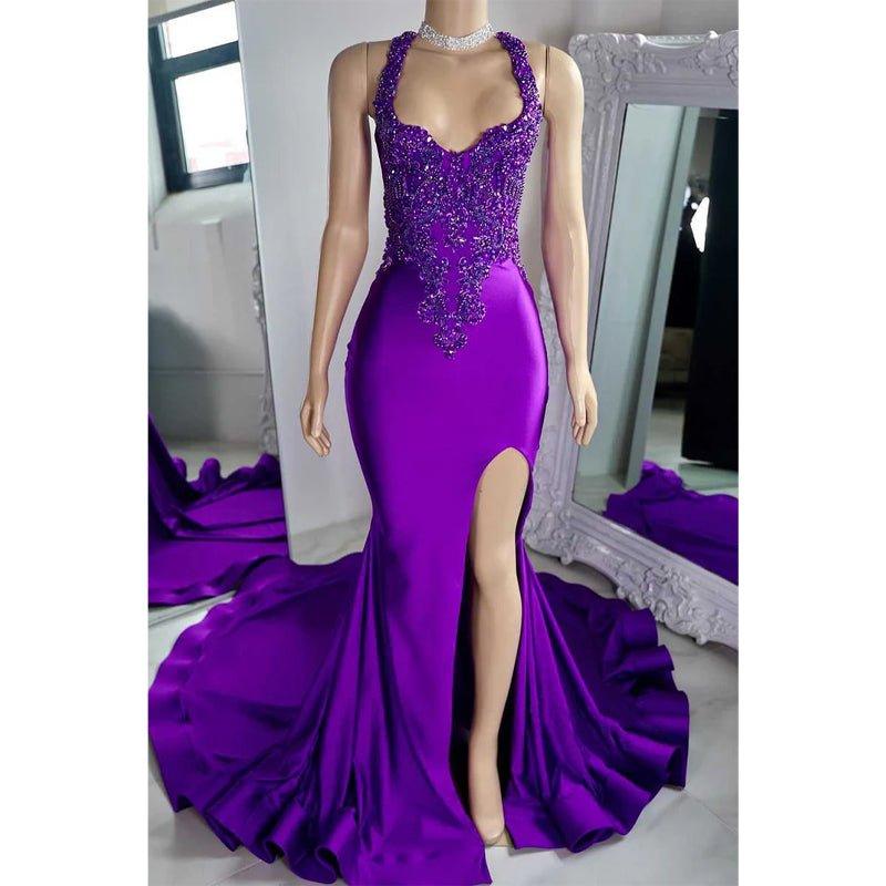 Asymmetrical Spaghetti Straps Beaded Appliques with Side Slit Party Prom Evening Dress