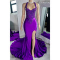 Asymmetrical Spaghetti Straps Beaded Appliques with Side Slit Party Prom Evening Dress