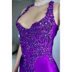 Asymmetrical Spaghetti Straps Beaded Appliques with Side Slit Party Prom Evening Dress