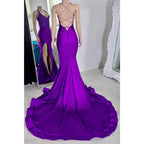 Asymmetrical Spaghetti Straps Beaded Appliques with Side Slit Party Prom Evening Dress