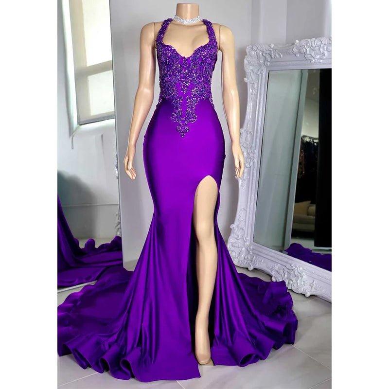 Asymmetrical Spaghetti Straps Beaded Appliques with Side Slit Party Prom Evening Dress