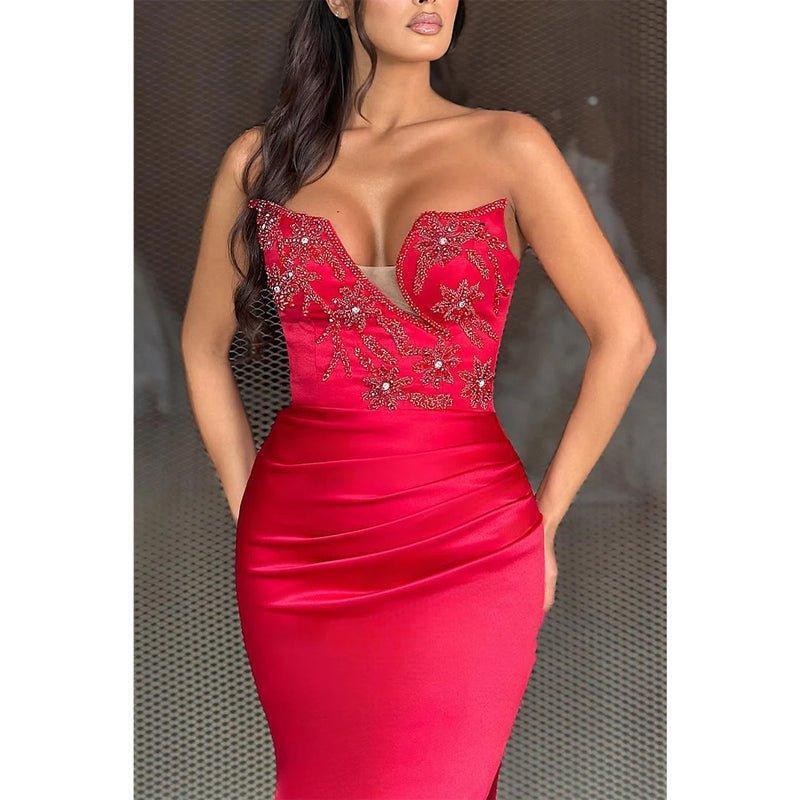 Asymmetrical Strapless Appliques with Side Slit Party Prom Evening Dress