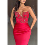 Asymmetrical Strapless Appliques with Side Slit Party Prom Evening Dress