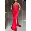 Asymmetrical Strapless Appliques with Side Slit Party Prom Evening Dress
