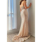 Asymmetrical Strapless Beaded Glitter Fitted with Train Party Prom Evening Dress