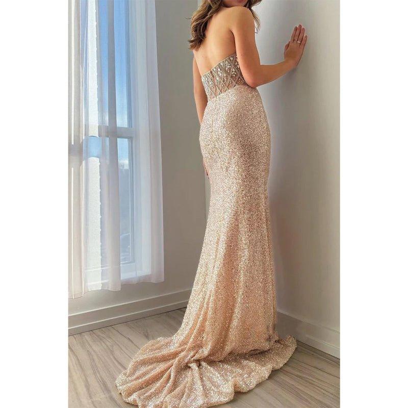 Asymmetrical Strapless Beaded Glitter Fitted with Train Party Prom Evening Dress