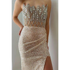 Asymmetrical Strapless Beaded Glitter Fitted with Train Party Prom Evening Dress