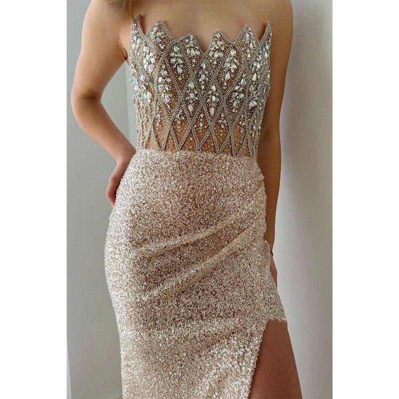 Asymmetrical Strapless Beaded Glitter Fitted with Train Party Prom Evening Dress