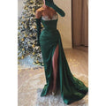 Asymmetrical Strapless Beaded Pleats with Side Slit Party Prom Evening Dress