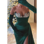Asymmetrical Strapless Beaded Pleats with Side Slit Party Prom Evening Dress