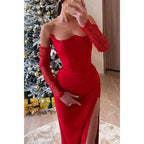 Asymmetrical Strapless Empire Pleats with Side Slit Party Prom Evening Dress