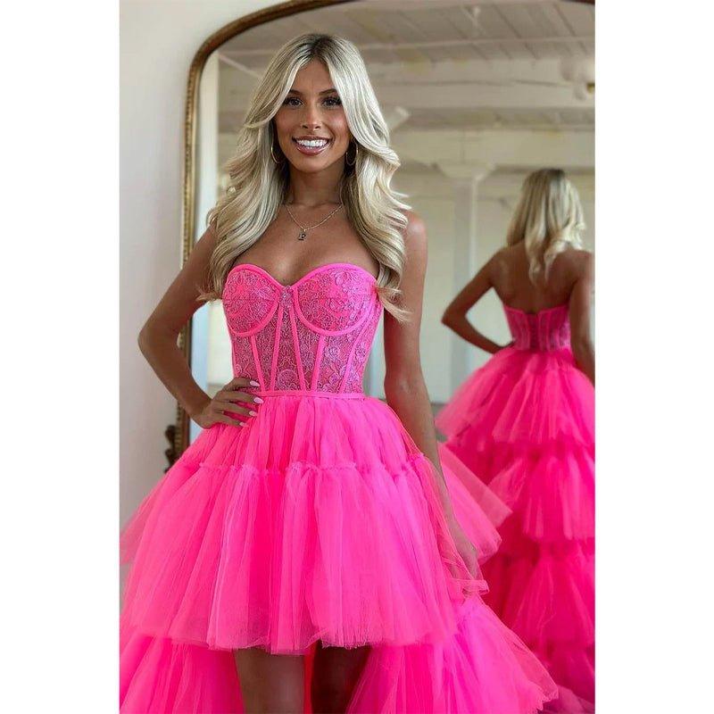 Asymmetry Sweetheart Tulle Pink Cute Homecoming Dress Long Prom Dress