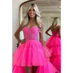 Asymmetry Sweetheart Tulle Pink Cute Homecoming Dress Long Prom Dress