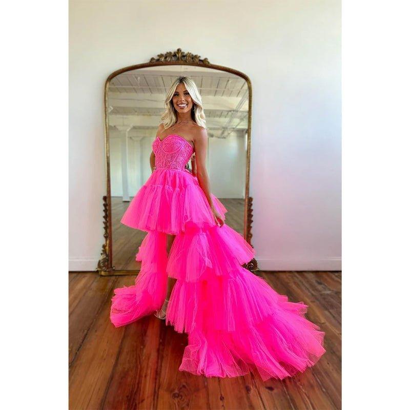 Asymmetry Sweetheart Tulle Pink Cute Homecoming Dress Long Prom Dress