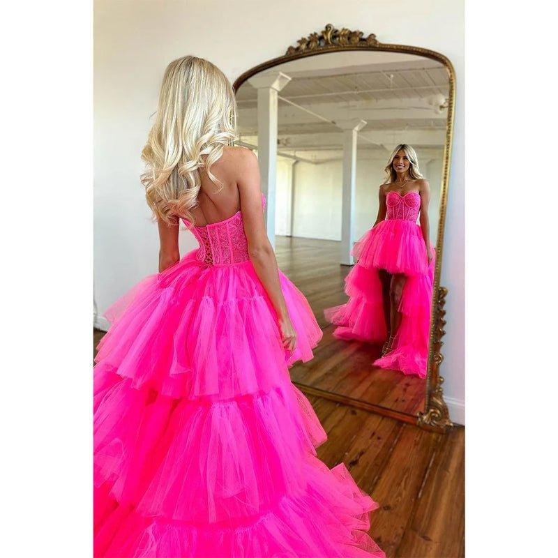 Asymmetry Sweetheart Tulle Pink Cute Homecoming Dress Long Prom Dress