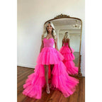 Asymmetry Sweetheart Tulle Pink Cute Homecoming Dress Long Prom Dress