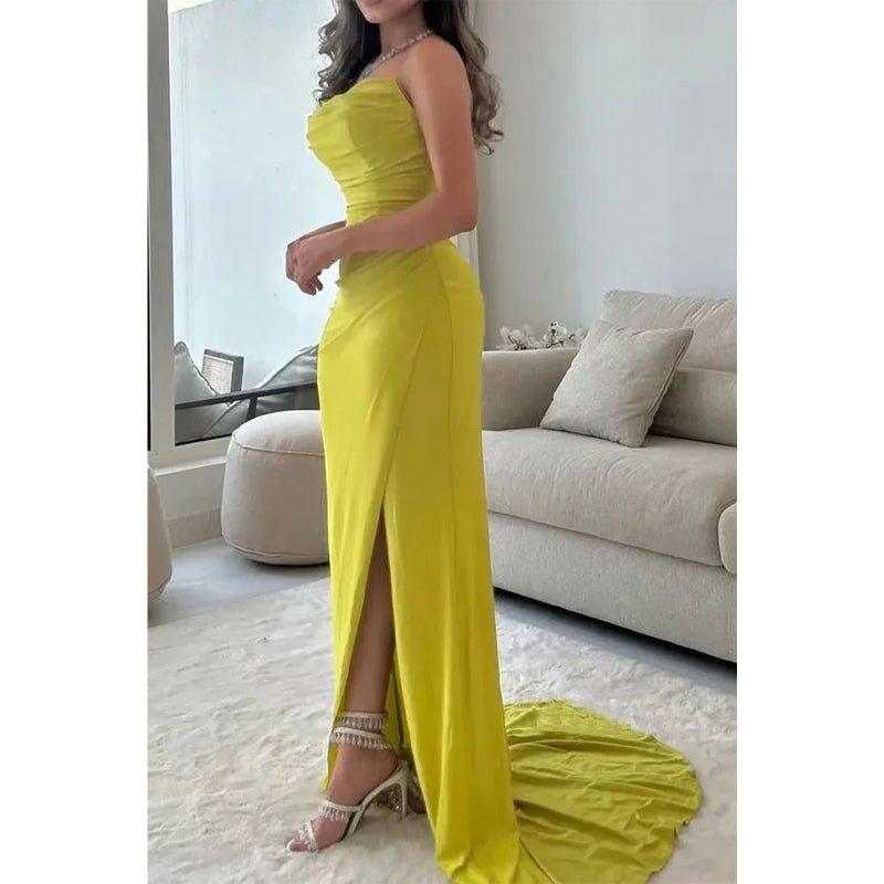 Attcactive Strapless Pleats Sheath Simple Prom Dress with Sweep Train