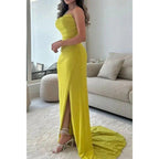 Attcactive Strapless Pleats Sheath Simple Prom Dress with Sweep Train