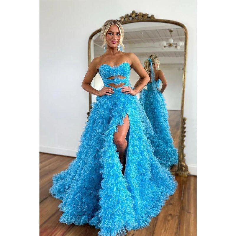 Attractive A-line Ball Gown Strapless Tulle Prom Dress with Slit Evening Gowns
