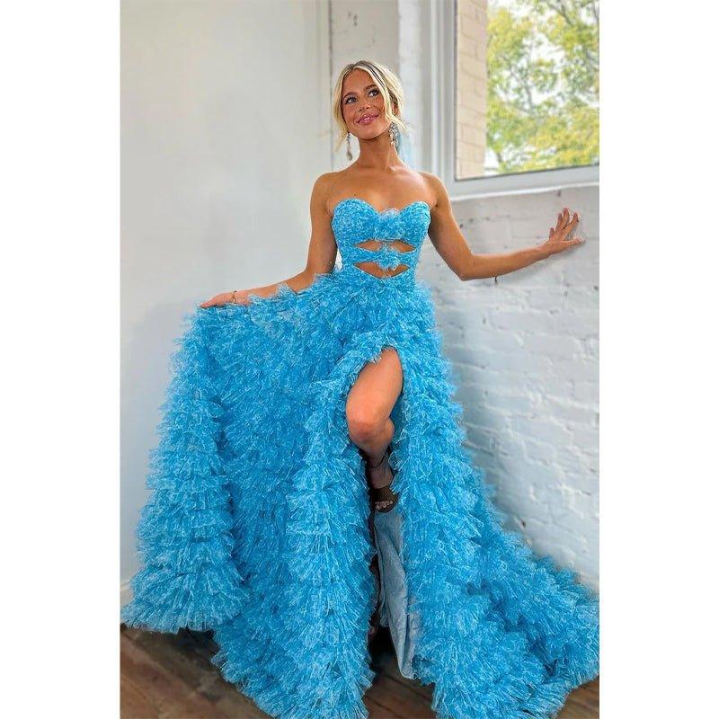 Attractive A-line Ball Gown Strapless Tulle Prom Dress with Slit Evening Gowns