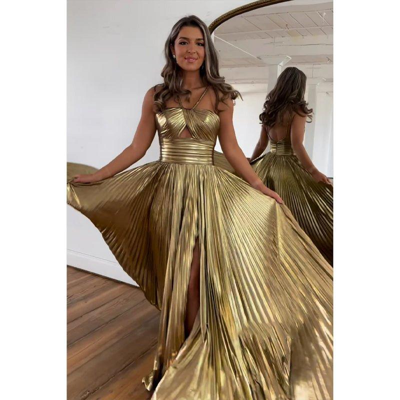 Attractive A-line Spaghetti Straps Pleast Long Formal Evening Gowns