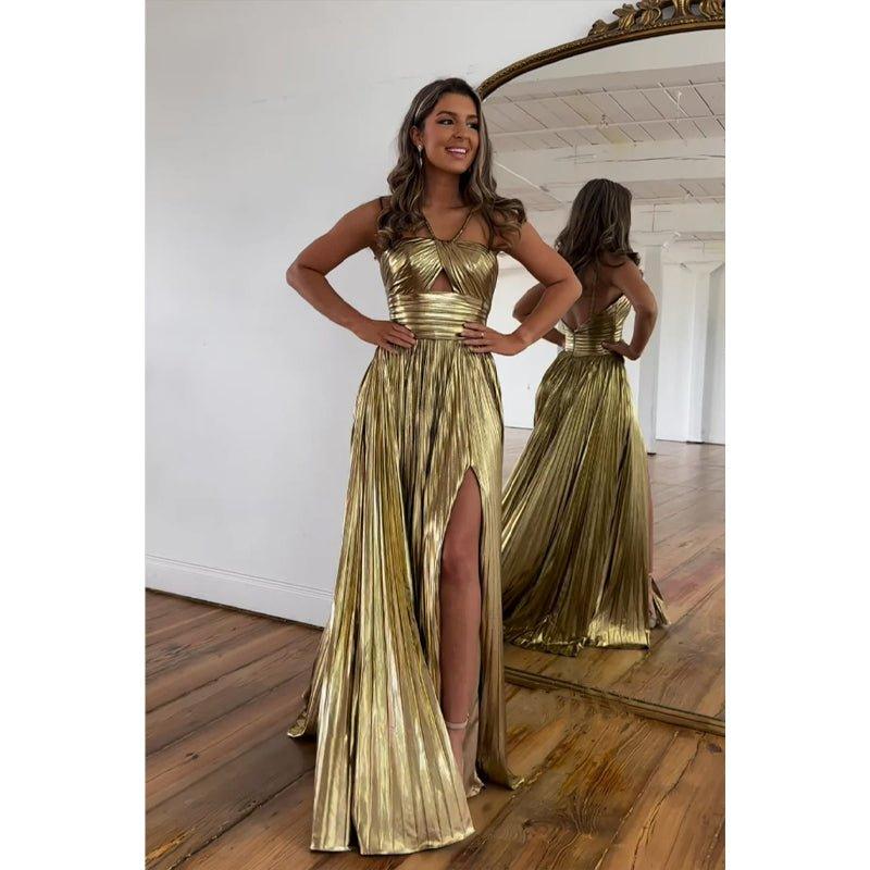 Attractive A-line Spaghetti Straps Pleast Long Formal Evening Gowns