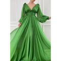 Attractive Deep V-neck Green Tulle Long Sleeves A-line Formal Evening Dress