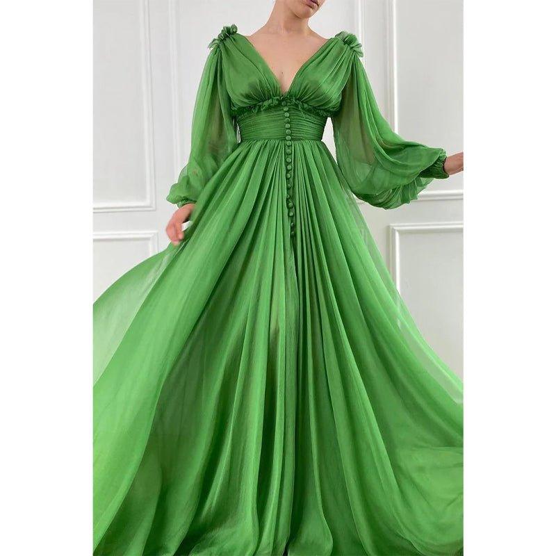 Attractive Deep V-neck Green Tulle Long Sleeves A-line Formal Evening Dress