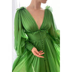 Attractive Deep V-neck Green Tulle Long Sleeves A-line Formal Evening Dress
