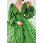 Attractive Deep V-neck Green Tulle Long Sleeves A-line Formal Evening Dress