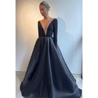 Attractive Deep V-neck Long Sleeves Black Prom Dress with Pockets