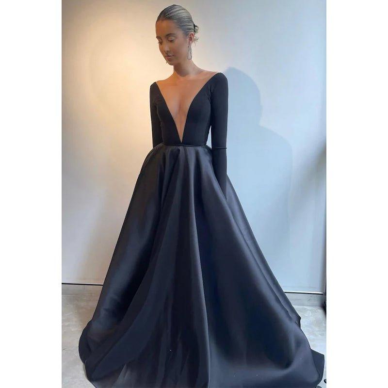 Attractive Deep V-neck Long Sleeves Black Prom Dress with Pockets