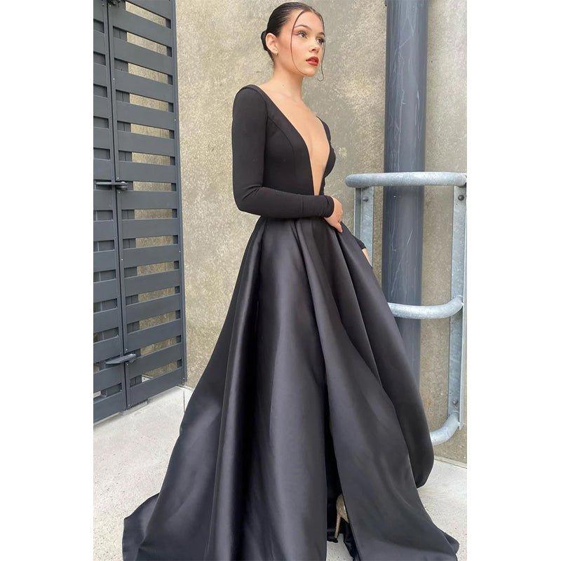Attractive Deep V-neck Long Sleeves Black Prom Dress with Pockets
