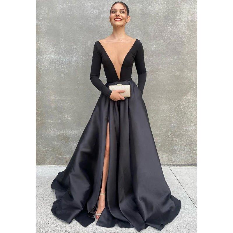 Attractive Deep V-neck Long Sleeves Black Prom Dress with Pockets