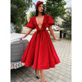 Attractive Deep V-neck Red Vintage Formal Dress with Sleeves