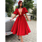 Attractive Deep V-neck Red Vintage Formal Dress with Sleeves